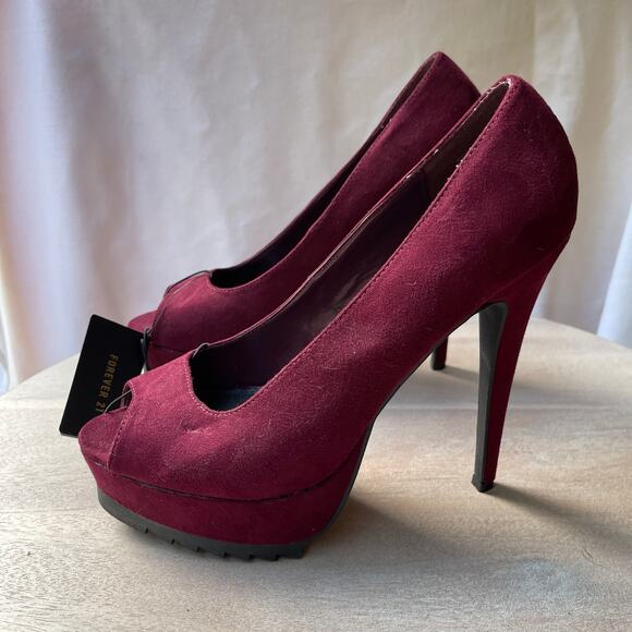 Forever 21 Womens Size 8.5 Heels Wine Faux Suede Peep Toe Platform Stilleto New - Picture 8 of 13
